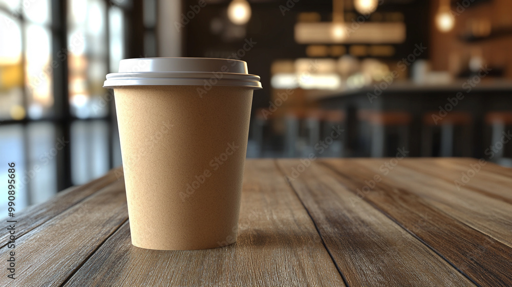 Close-up of a blank brown paper coffee cup with a plastic lid on a wooden table in a cafe Close-up of a blank brown paper coffee cup with a plastic lid on a wooden table in a cafe