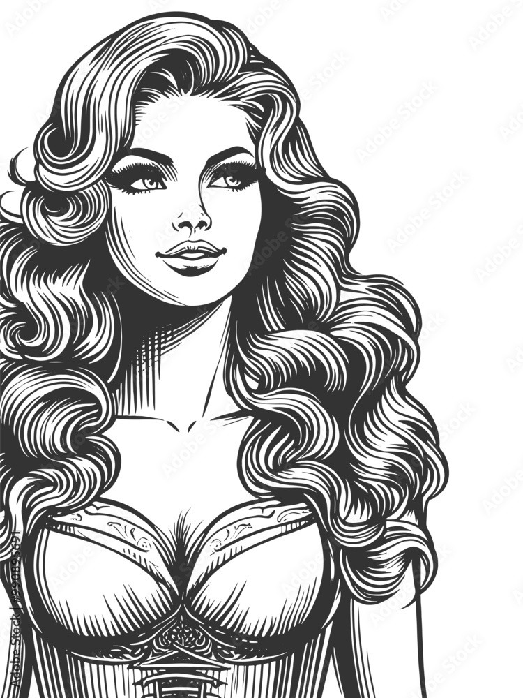 glamorous woman, voluminous, flowing hair, elegance in a classic vintage style sketch engraving generative ai fictional character vector illustration. Scratch board imitation. Black and white image. glamorous woman, voluminous, flowing hair, elegance in a classic vintage style sketch engraving generative ai fictional character vector illustration. Scratch board imitation. Black and white image.