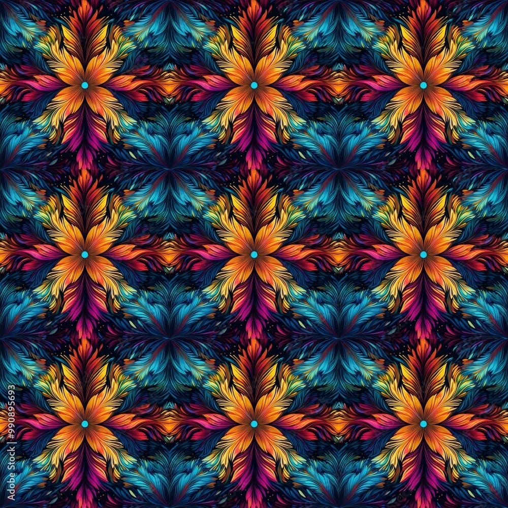 A vibrant, abstract, seamless pattern of colorful stylized flowers with a repeating tile design. A vibrant, abstract, seamless pattern of colorful stylized flowers with a repeating tile design.