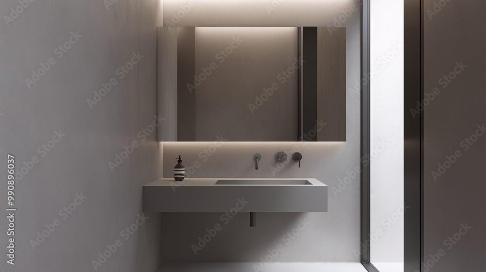 A small minimalist bathroom with a wall-mounted sink, simple round mirror, and natural light highlighting the clean lines
A small minimalist bathroom with a wall-mounted sink, simple round mirror, and natural light highlighting the clean lines