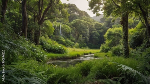 Serene Forest Stream: Lush greenery, dappled sunlight, and a peaceful stream winding through a tranquil forest. A serene and tranquil escape into nature's embrace.  