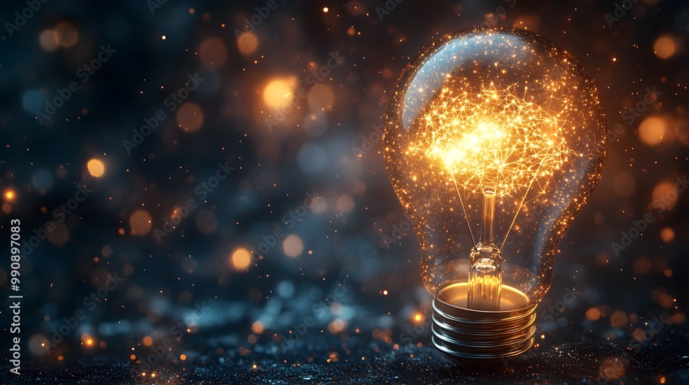 A glowing light bulb filled with shimmering stars, casting a soft ethereal glow, symbolizing dreams and infinite possibilities, surrounded by a serene night sky A glowing light bulb filled with shimmering stars, casting a soft ethereal glow, symbolizing dreams and infinite possibilities, surrounded by a serene night sky