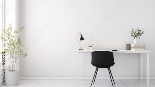 Minimalist home office featuring a sleek black chair, white desk, and a single desk lamp, with minimal decor and clean lines