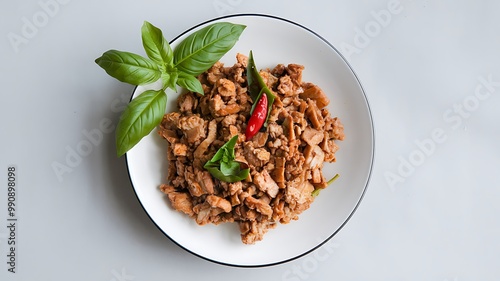 A plate of stir-fried chicken with basil and chili peppers.