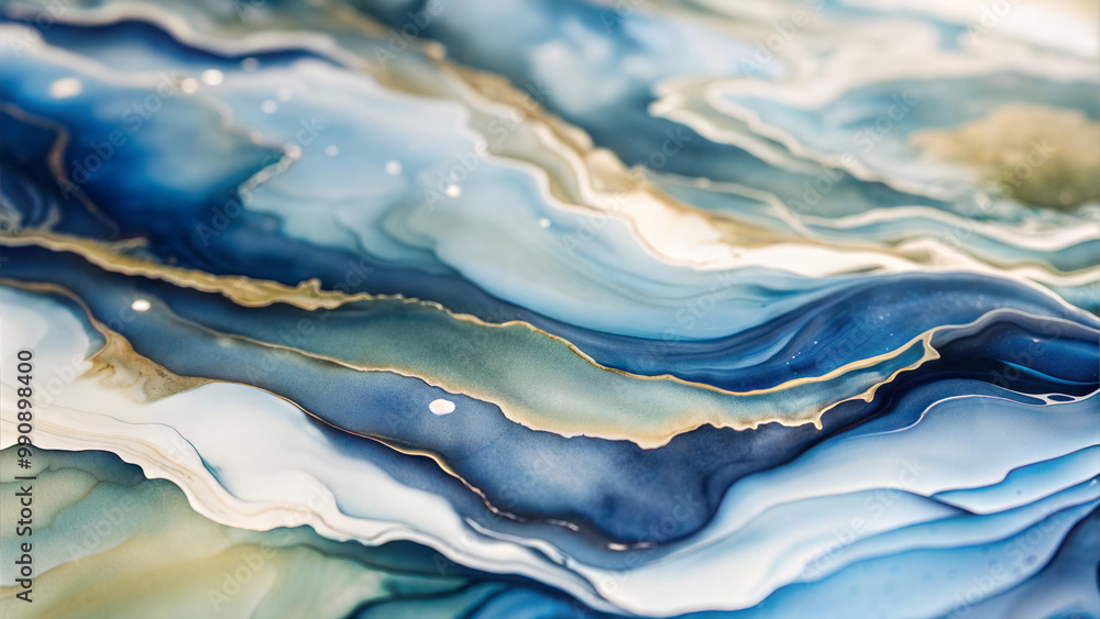 Abstract fluid art with swirling blue and green waves, featuring gold accents and dynamic textures Abstract fluid art with swirling blue and green waves, featuring gold accents and dynamic textures
