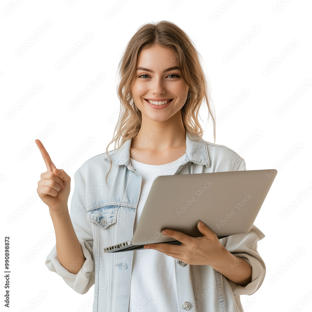 Smiling woman holding laptop and pointing up isolated on transparent background Smiling woman holding laptop and pointing up isolated on transparent background