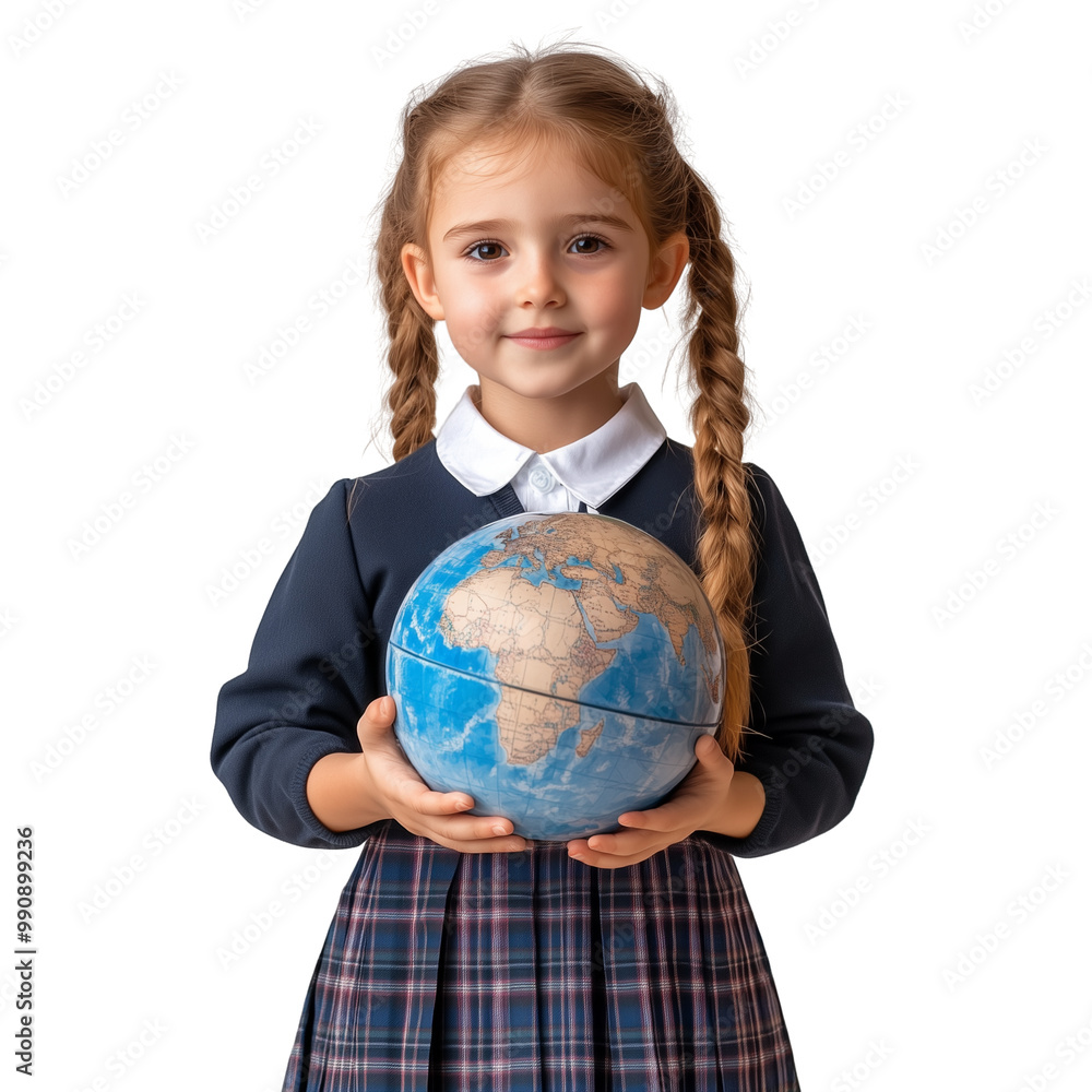 Young girl in school uniform holding globe isolated on transparent background Young girl in school uniform holding globe isolated on transparent background
