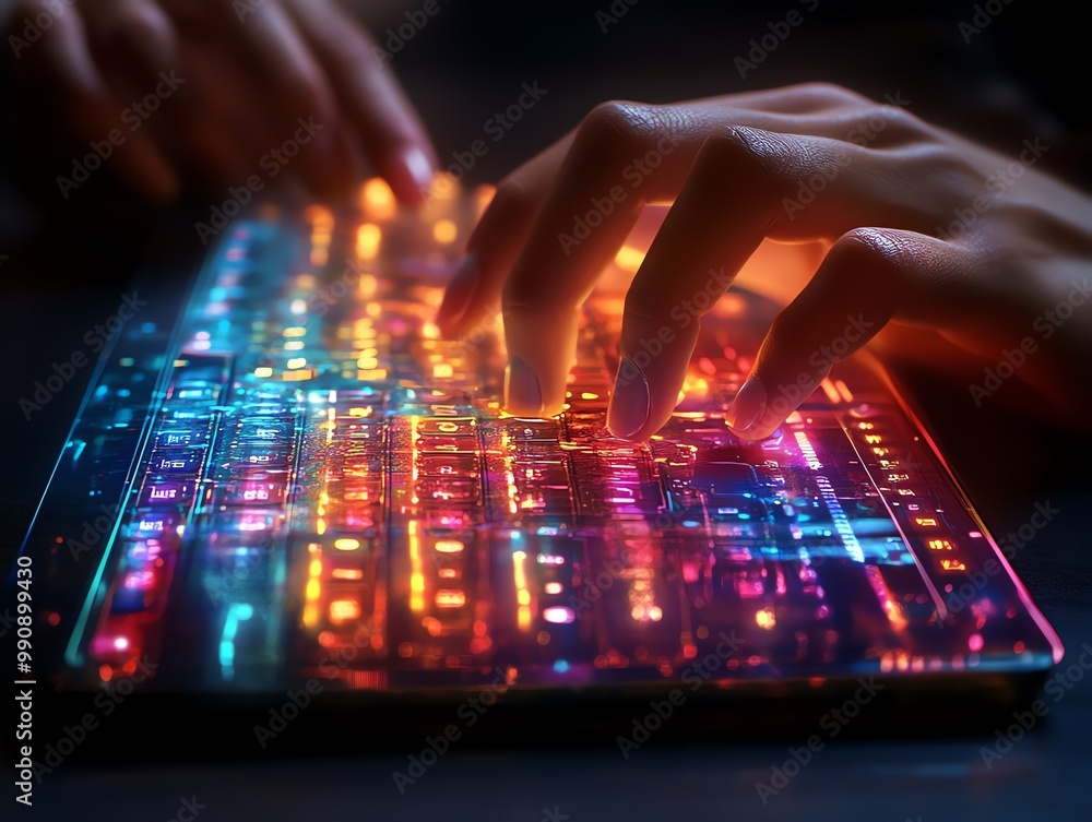 Obraz premium Close up of hands typing on a colorful glowing keyboard.