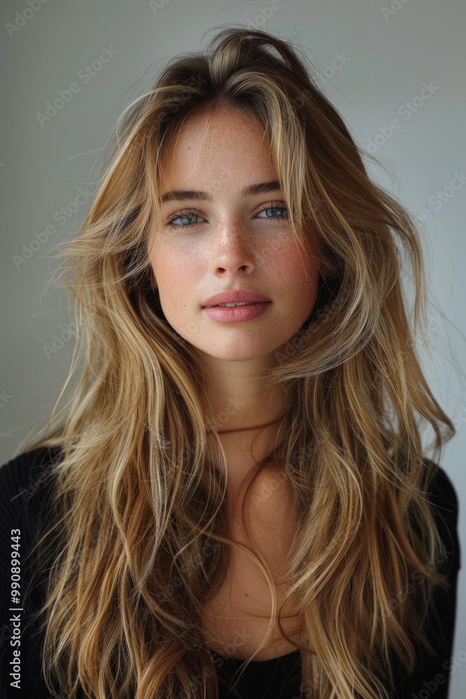 Natural portrait of a young woman with long, wavy hair and blue eyes, set against a soft, neutral background Natural portrait of a young woman with long, wavy hair and blue eyes, set against a soft, neutral background