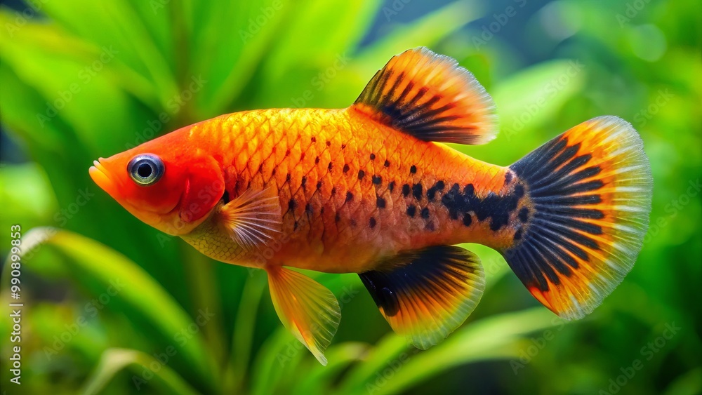 In a peaceful aquatic environment, a stunning orange and black platy fish swims majestically, its colors enhanced by In a peaceful aquatic environment, a stunning orange and black platy fish swims majestically, its colors enhanced by