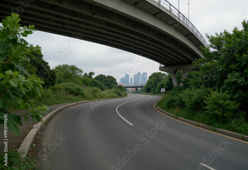 Curving Road Under Highway Overpass