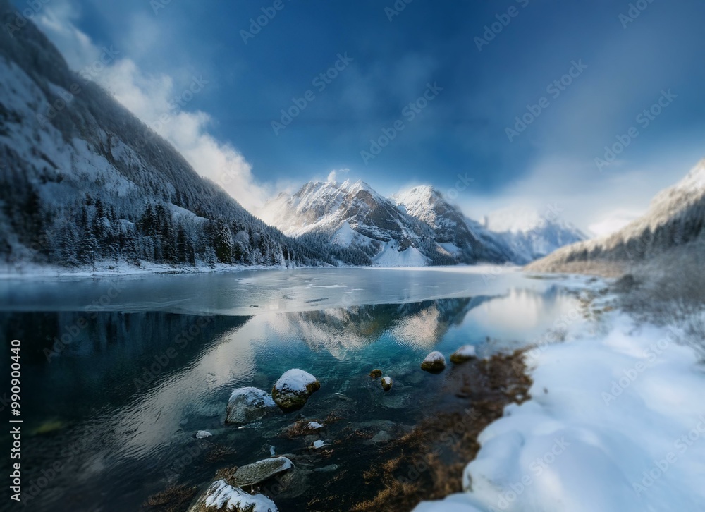 A frozen lake nestled in the snowy peaks of a mountain range reflects a blue sky and wispy clouds. A frozen lake nestled in the snowy peaks of a mountain range reflects a blue sky and wispy clouds.