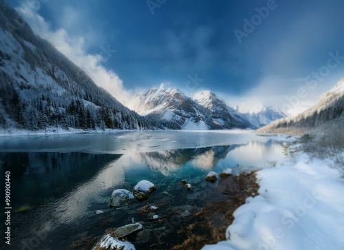 A frozen lake nestled in the snowy peaks of a mountain range reflects a blue sky and wispy clouds. photo