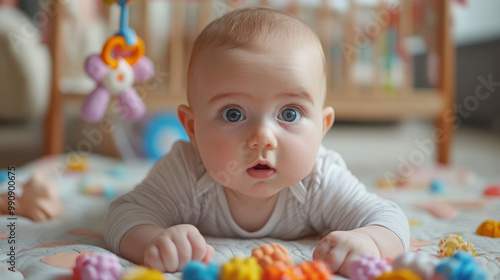 Portrait of a smiling newborn kid lying down and looking at the camera while crawling. Baby play time concept.