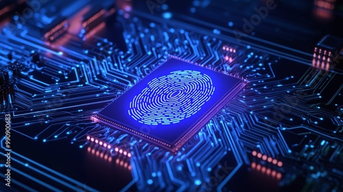 Fingerprint on a circuit board, blue glowing background. Digital identity privacy.