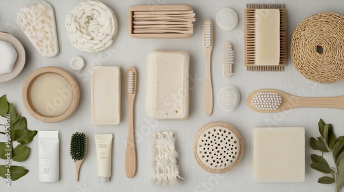 A minimalist arrangement of natural skincare and grooming products, featuring wooden items and botanical elements on a textured background.