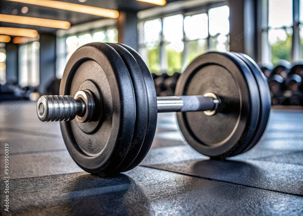A 10-pound dumbbell, painted black, rests on the worn gym floor, its heavy presence obvious although it seems A 10-pound dumbbell, painted black, rests on the worn gym floor, its heavy presence obvious although it seems