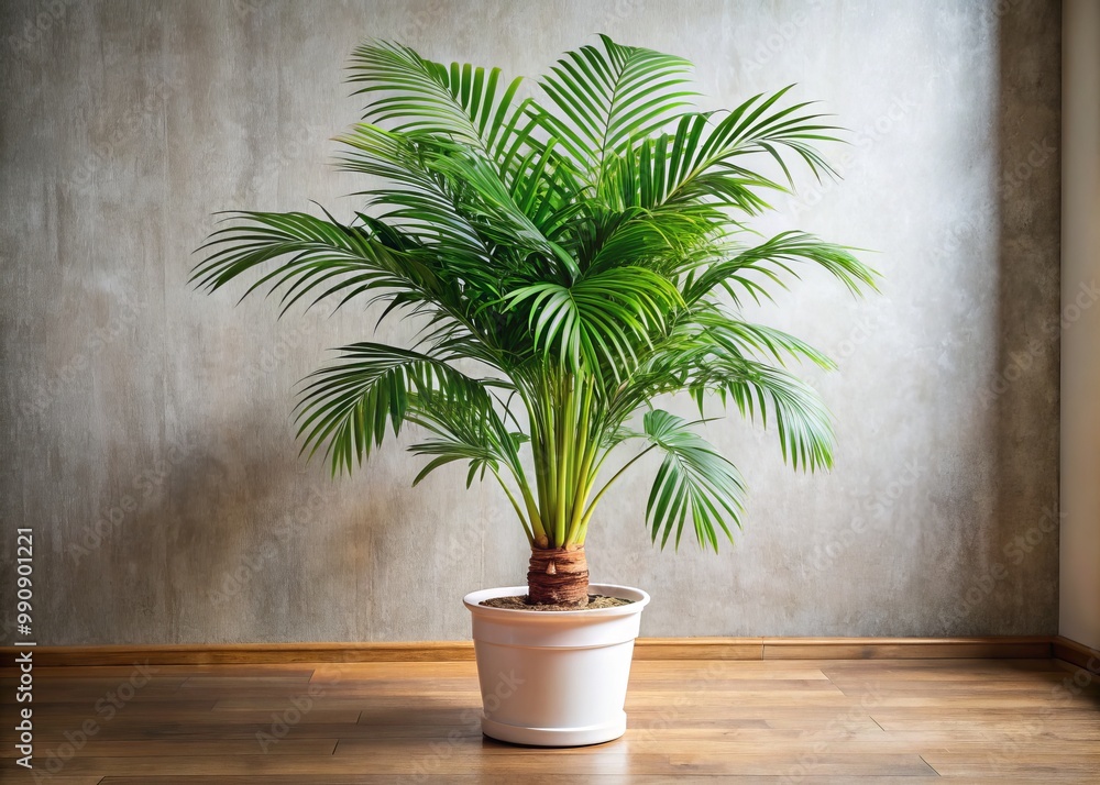 Fototapeta premium A beautifully potted palm tree thrives indoors, sporting lush green foliage and a tall, elegant trunk that brings