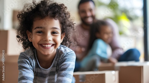 A joyful child smiles at the camera while playing in a living room filled with boxes, accompanied by a smiling father and sibling in the background.