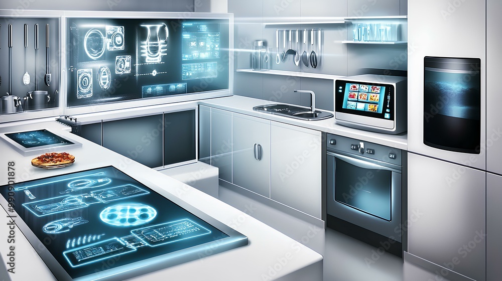 A sleek, modern kitchen equipped with smart technology and futuristic appliances, featuring interactive surfaces and a clean, minimalist design. A sleek, modern kitchen equipped with smart technology and futuristic appliances, featuring interactive surfaces and a clean, minimalist design.