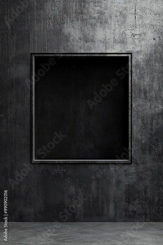 A grayscale gradient wall with a geometric black frame in the center, its emptiness standing out. 