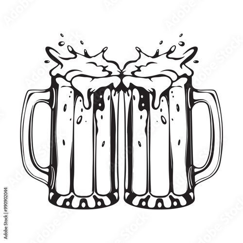 Two mugs of beer with foam and bubbles. Vector illustration.