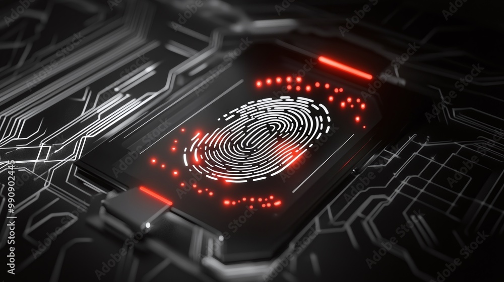Fingerprint scanner on a circuit board, dark background. Digital identity privacy. Fingerprint scanner on a circuit board, dark background. Digital identity privacy.