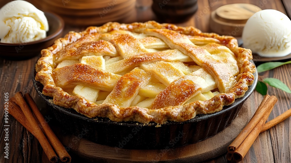 A warm, freshly baked apple pie with a golden crust, garnished with cinnamon sticks and accompanied by scoops of vanilla ice cream. A warm, freshly baked apple pie with a golden crust, garnished with cinnamon sticks and accompanied by scoops of vanilla ice cream.