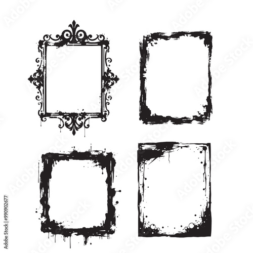 Set of black grunge frame on white background with blots. Vector illustration.