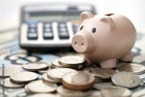 Piggy bank standing on a pile of coins with a calculator and banknotes in the background representing saving money