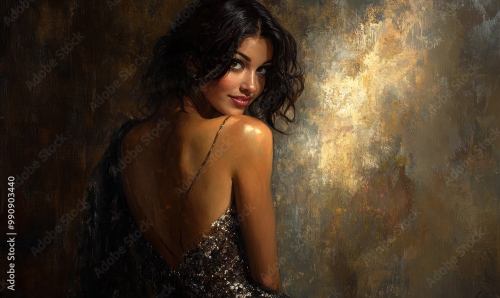 Woman in sparkly dress, looking over shoulder. Woman in sparkly dress, looking over shoulder.