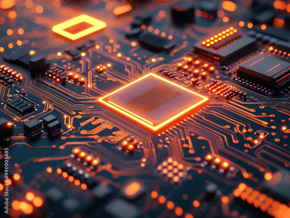 Close-up of a lit-up computer processor on a circuit board. Close-up of a lit-up computer processor on a circuit board.