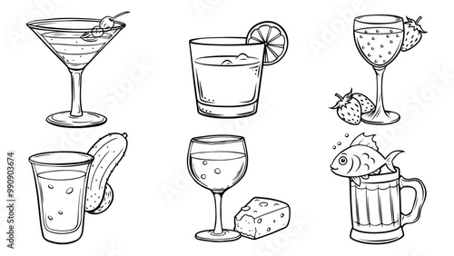 A glass of whiskey with lemon, martini with olive, beer with fish, wine with cheese, vodka with pickle, champagne with strawberries. Set of vector monochrome sketches in linear art style