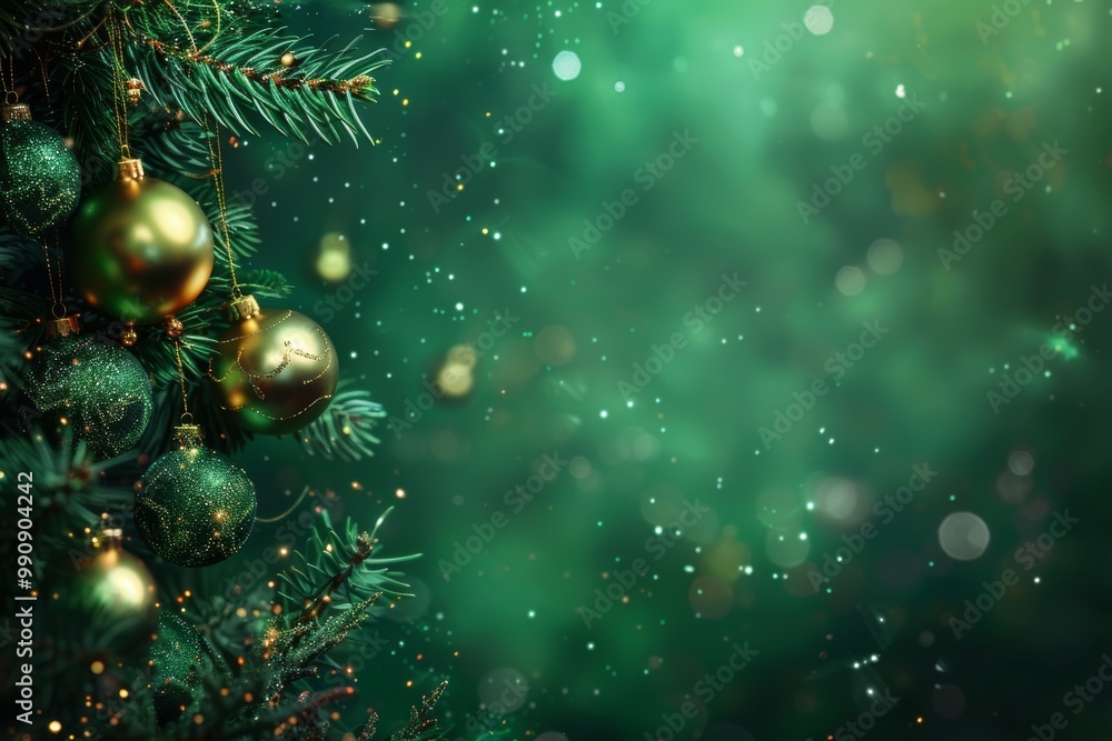 Fototapeta premium Festive green christmas tree and golden ornaments