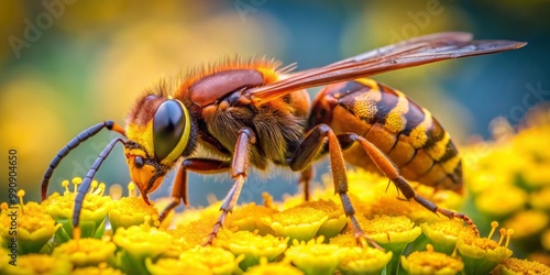 A European hornet (Dolichovespula maculata) takes a break on a sunny yellow bloom, its hairy legs loaded with photo