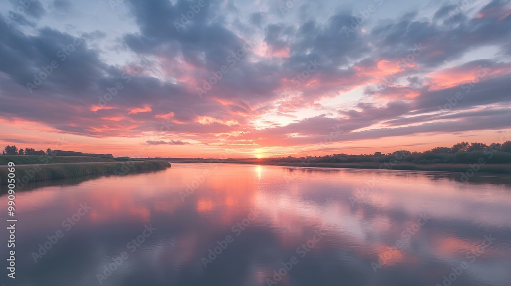Fototapeta premium A serene sunset over a tranquil river, with vibrant colors reflecting on the water, surrounded by lush greenery and a dramatic sky.
