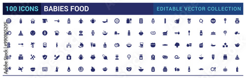 Baby food icon collections, such as bottle, jar, powder, cereal and more. Filled icons set, glyph icons for web and ui. Solid icons set. Vector illustration.