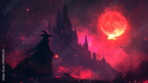 Dark Magic Ritual: Witch Summoning Spirits Under Blood Moon with Glowing Symbols in Front of Castle