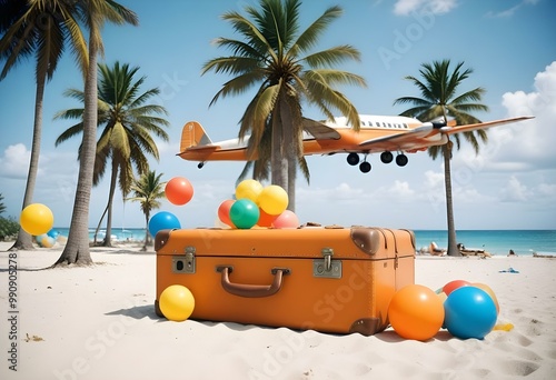 An orange suitcase floating in the air with palm trees, beach balls, and an airplane in the background, suggesting a tropical vacation or travel theme photo