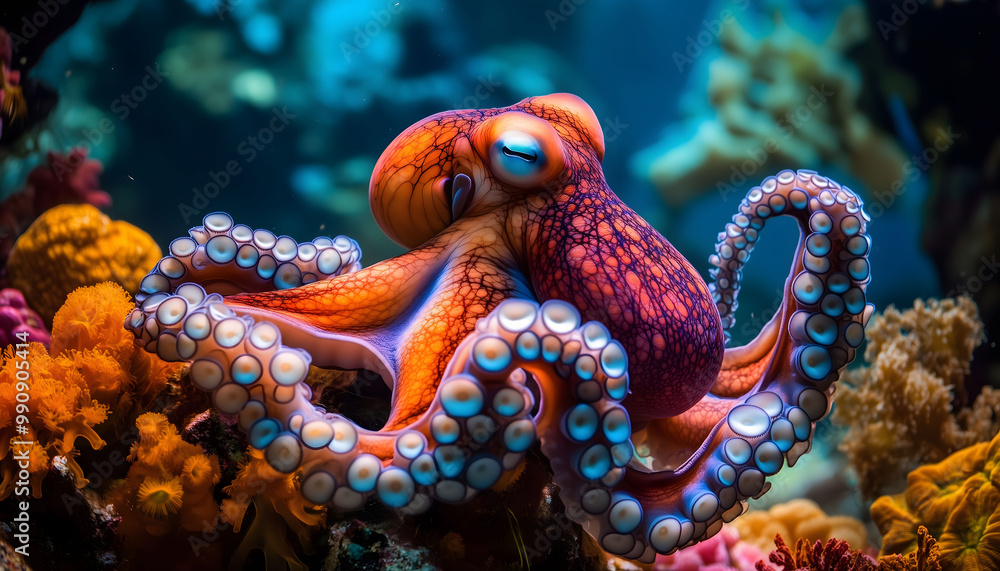 A close-up of a tiny octopus sitting in a colorful coral reef A close-up of a tiny octopus sitting in a colorful coral reef
