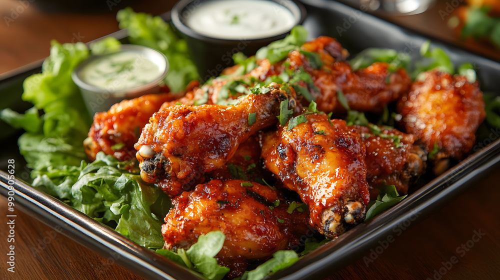 Platter of spicy chicken wings served with fresh greens and dipping sauce Platter of spicy chicken wings served with fresh greens and dipping sauce