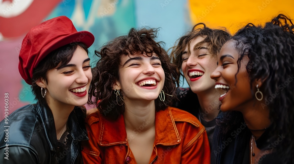 Obraz premium A group of happy smiling friends gathered together in a vibrant outdoor setting their laughter and joy radiating a sense of positivity connection and camaraderie