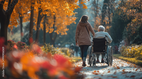 female social worker pushing wheelchair with smiling disabled elderly woman in park, disability, international day of persons with disabilities, rehabilitation, care, handicapped, people