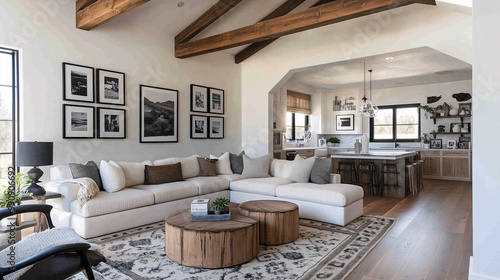 Modern farmhouse living room with a large sectional sofa, textured area rug, and wooden beams on the ceiling. A gallery wall of black and white photos adds a personal touch to the space