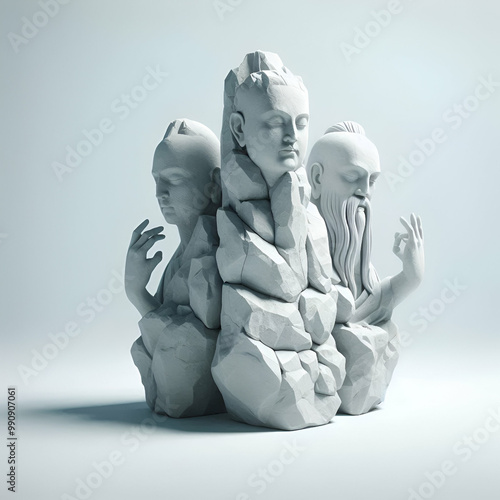 3 head sculpture in white background photo