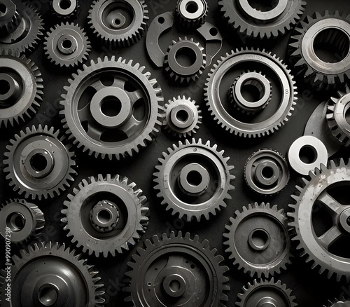 Set of various gears and ball bearings old and new, black and white, texture background ai gegerate