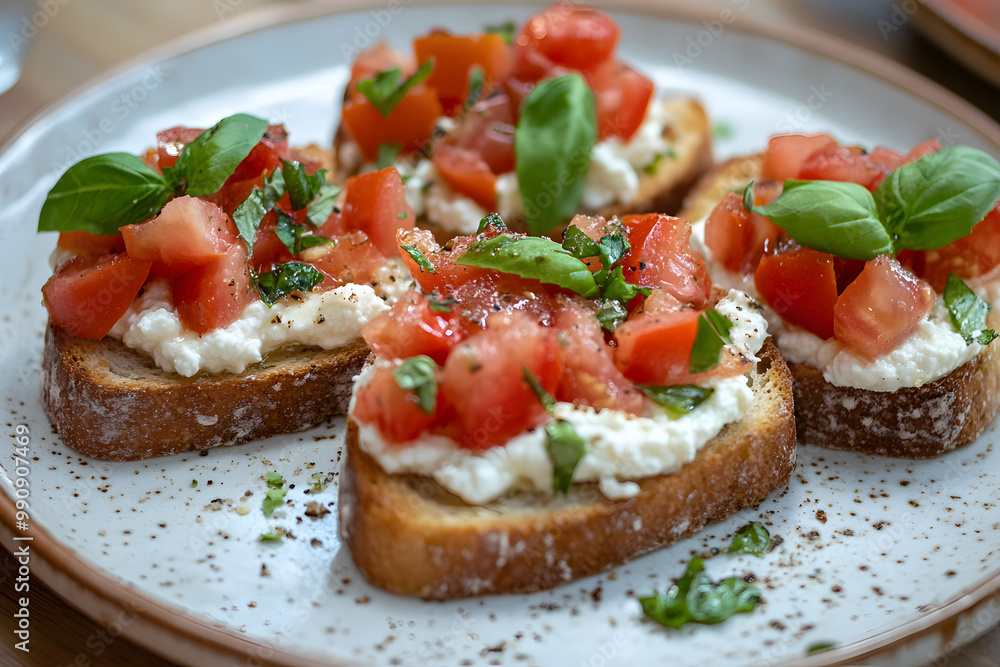 Italian bruschetta with roasted tomatoes, mozzarella cheese commercial advertising photo Italian bruschetta with roasted tomatoes, mozzarella cheese commercial advertising photo
