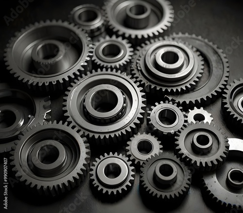 Set of various gears and ball bearings old and new, black and white, texture background ai gegerate