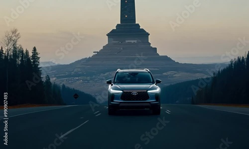 SUV car with headlights on dark road