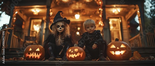 Two children in Halloween costumes pose with carved pumpkins on a spooky porch, capturing the festive spirit of the holiday. photo